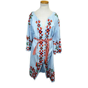 Zara TRF Embroidered Boho Belted Tunic Dress – Light Blue – Size M
